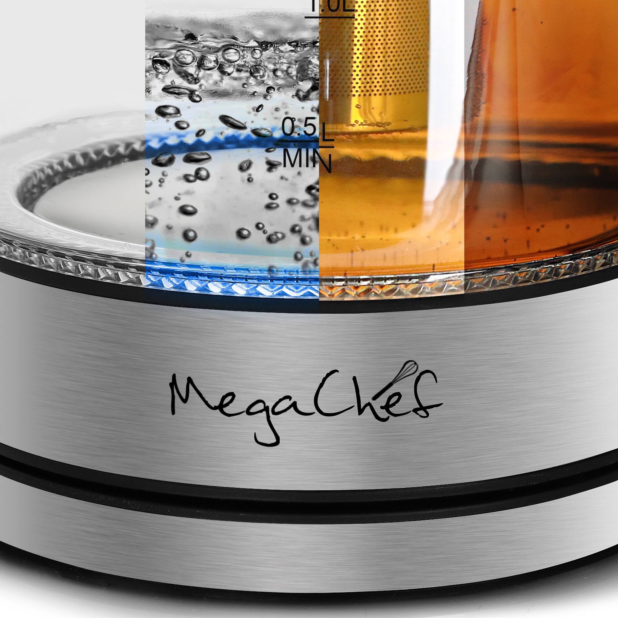 MegaChef 1.8L Cordless Glass & Stainless Steel Electric Tea Kettle with Tea Infuser
